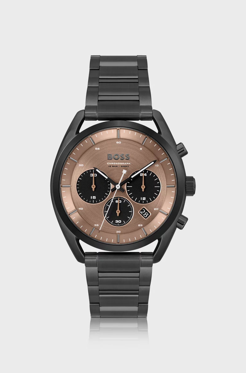 Black-plated chronograph watch with brown dial