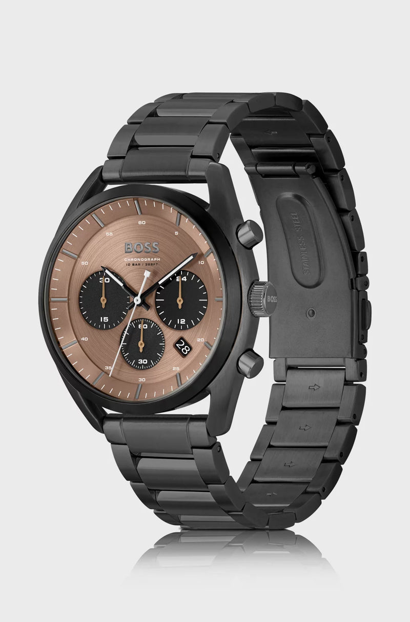 Black-plated chronograph watch with brown dial