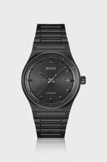 Black-plated automatic watch with groove-textured dial