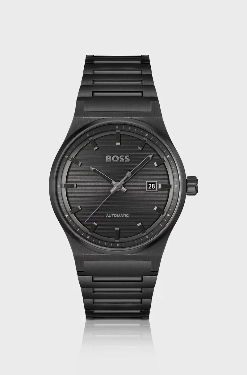 Black-plated automatic watch with groove-textured dial