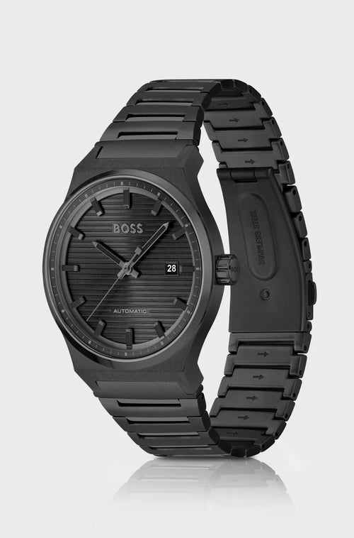 Black-plated automatic watch with groove-textured dial