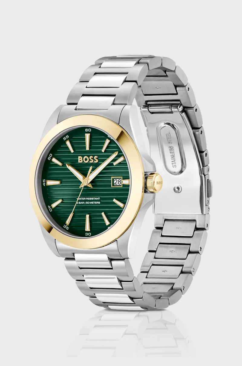 Gold- and silver-tone watch with green grooved dial