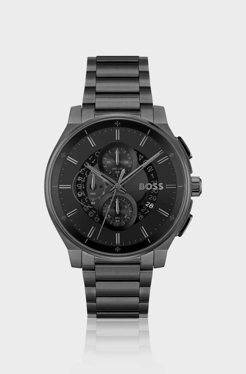 Black-plated chronograph watch with transparent dial