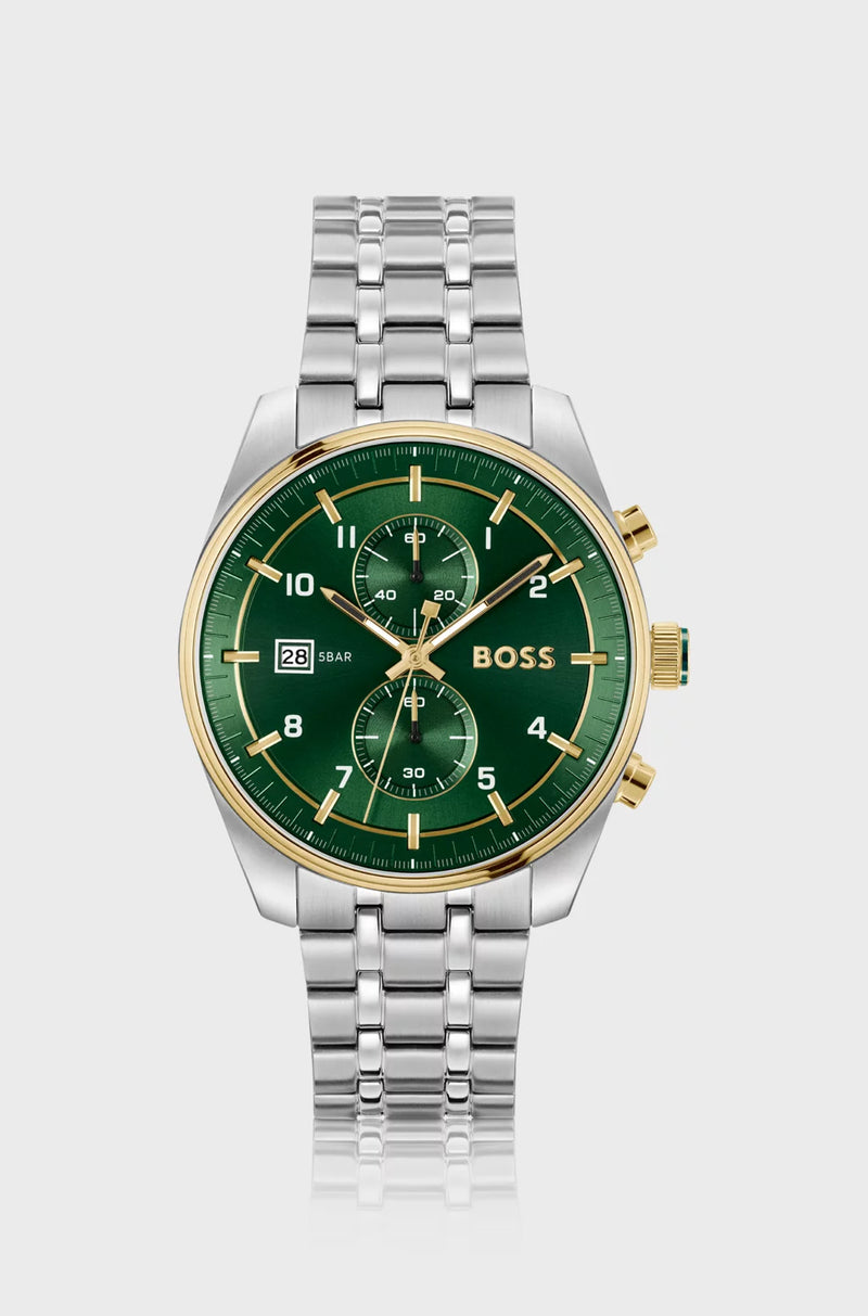 Two-tone chronograph watch with green dial