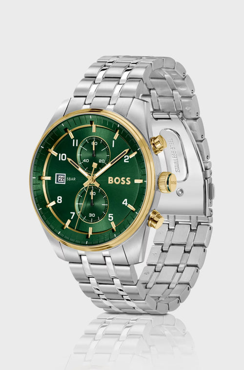 Two-tone chronograph watch with green dial