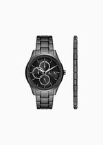 Multifunction Black Stainless Steel Watch and Bracelet Set