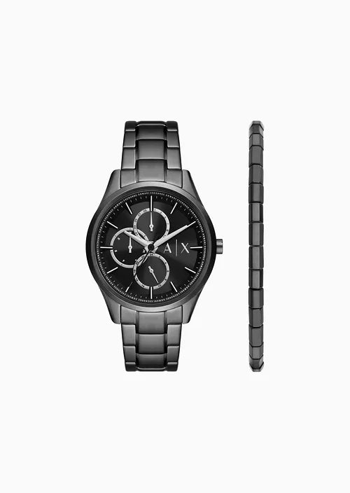 Multifunction Black Stainless Steel Watch and Bracelet Set