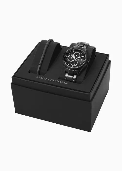 Multifunction Black Stainless Steel Watch and Bracelet Set