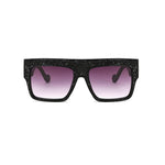 DRAMATIC | Black On Black/Purple Crystals Rectangle Oversized Sunglasses